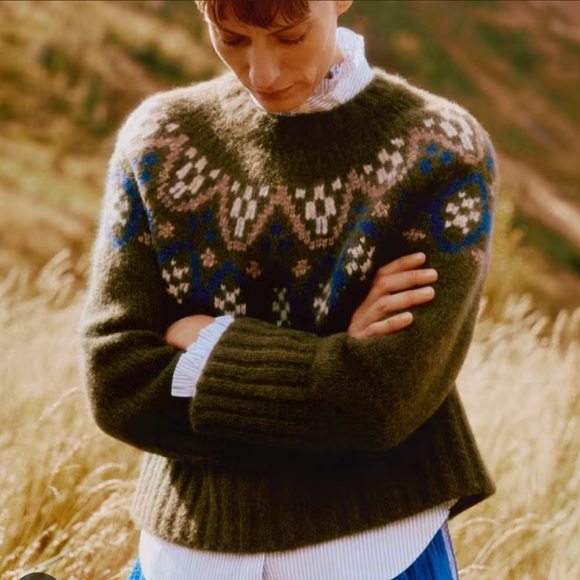 ISO ME+EM Olive Green Alpaca Cotton Jacquard Jumper - Picture 5 of 6